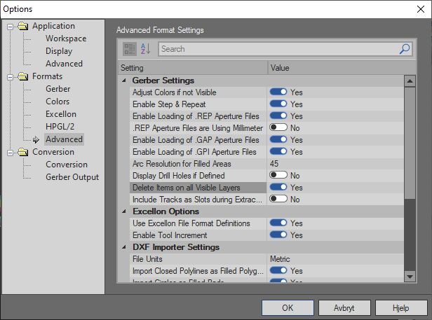 GerbView Formats Advanced Settings